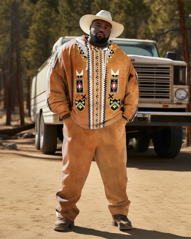 Men's Plus Size Ethnic Style Diamond Brown Hoodie Two Piece Set sold by Biggmans