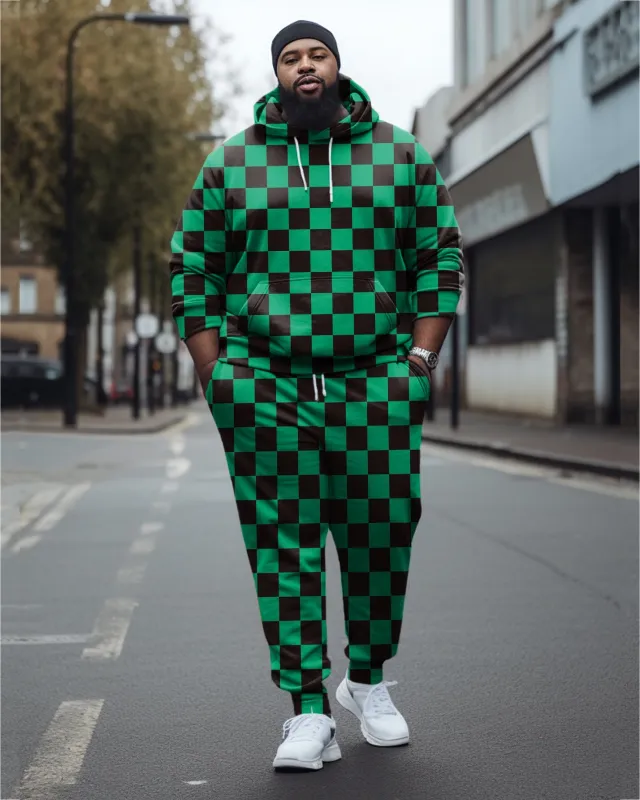 Men's Large Size Green Plaid Colorblock Casual Hoodie And Sweatpants Two-Piece Set sold by Biggmans