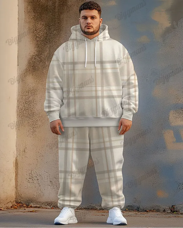Men's Street Fashion Versatile Classic Apricot Plaid Print Plus Size Hoodie Suit sold by Biggmans