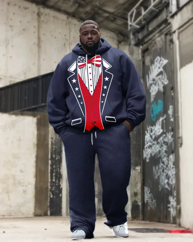 Men's Plus Size Navy Blue American Flag Design Suit Pattern Print Hoodie Set sold by Biggmans