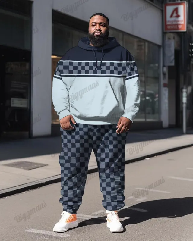 Men's Plus Size Blue Plaid Stripes Stitching Print Hoodie Suit sold by Biggmans