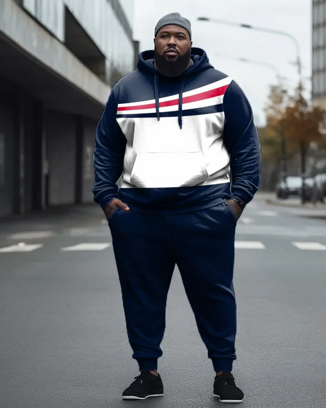 Men's Large Size Blue Color Block Casual Hoodie and Sweatpants Two Piece Set sold by Biggmans