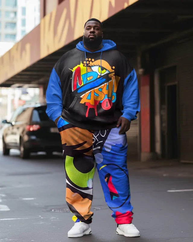 Men's Plus Size Casual Tracksuit Graffiti Color Block Hoodie Pants Set sold by Biggmans