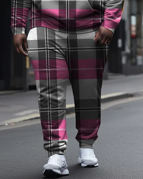 Men's Large Size Pink And Gray Plaid Diamond Casual Hoodie And Sweatpants Two-Piece Set sold by Biggmans product image thumbnail 3