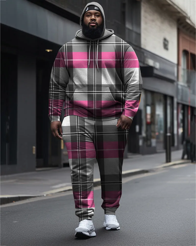 Men's Large Size Pink And Gray Plaid Diamond Casual Hoodie And Sweatpants Two-Piece Set sold by Biggmans
