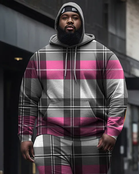 Men's Large Size Pink And Gray Plaid Diamond Casual Hoodie And Sweatpants Two-Piece Set sold by Biggmans product image thumbnail 2