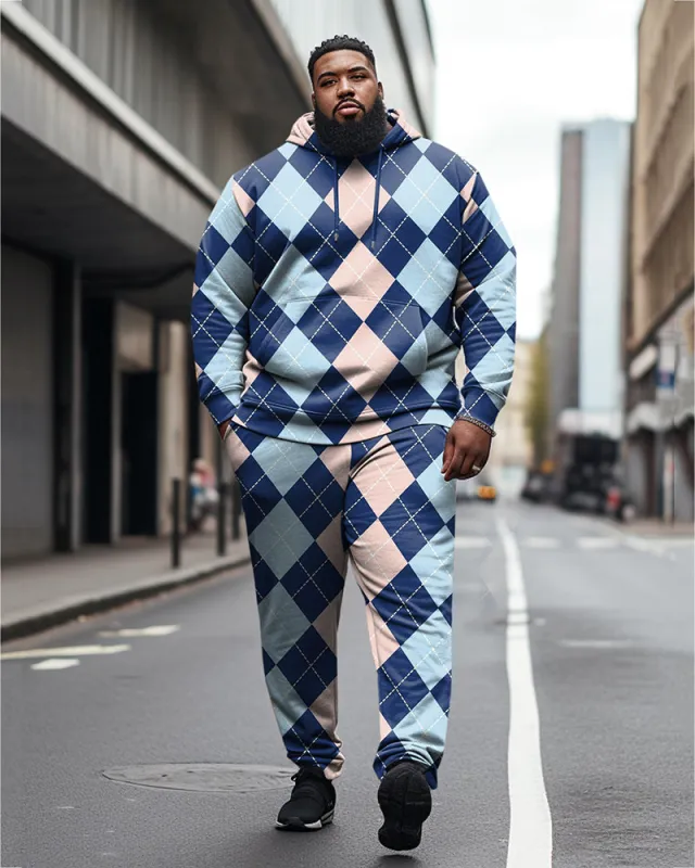 Men's Plus Size Diamond Color Block Casual Hoodie and Sweatpants Two Piece Set sold by Biggmans