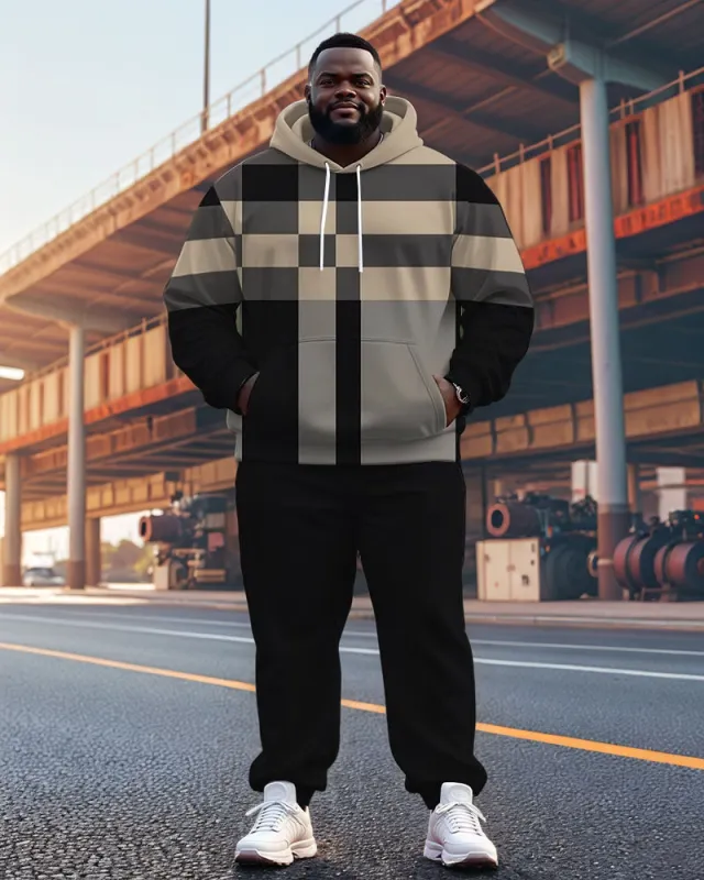 Men's Casual Khaki Plaid Striped Print Plus Size Hoodie Suit sold by Biggmans