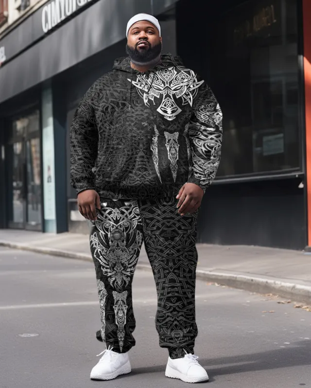 Men's Plus Black and White Dragon Totem Print Hoodie Set sold by Biggmans