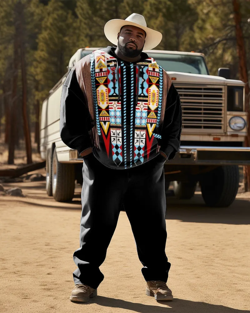 Men's Plus Size Ethnic Style Diamond Black Hoodie Two Piece Set sold by Biggmans