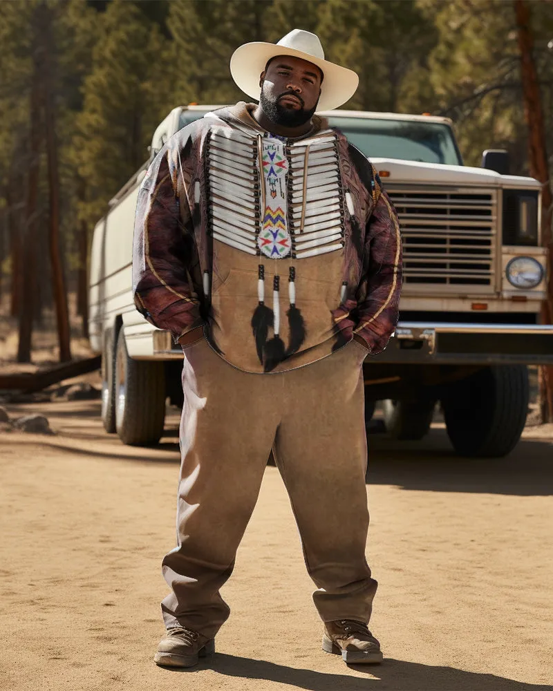 Men's Plus Size Ethnic Style Diamond Brown Hoodie Two Piece Set sold by Biggmans