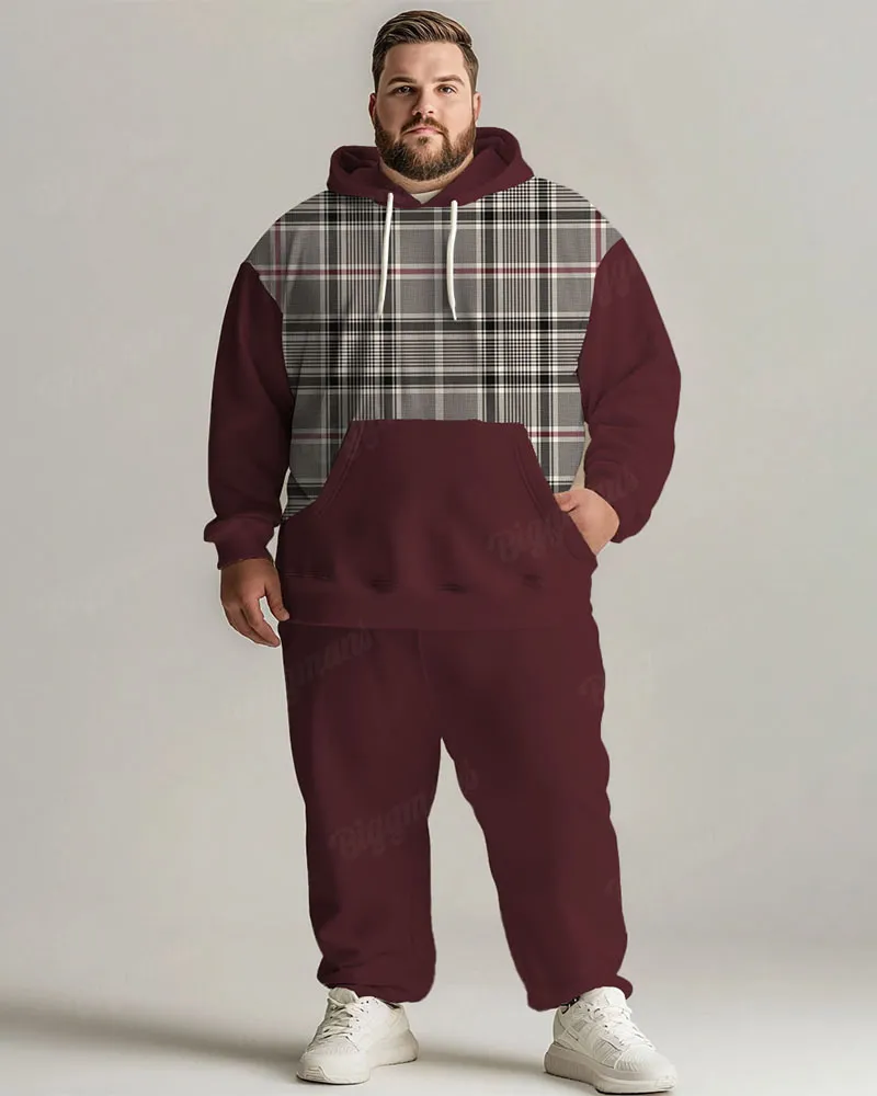 Men's Daily Casual Versatile Classic Wine Red Gray Plaid Print Plus Size Hoodie Suit sold by Biggmans