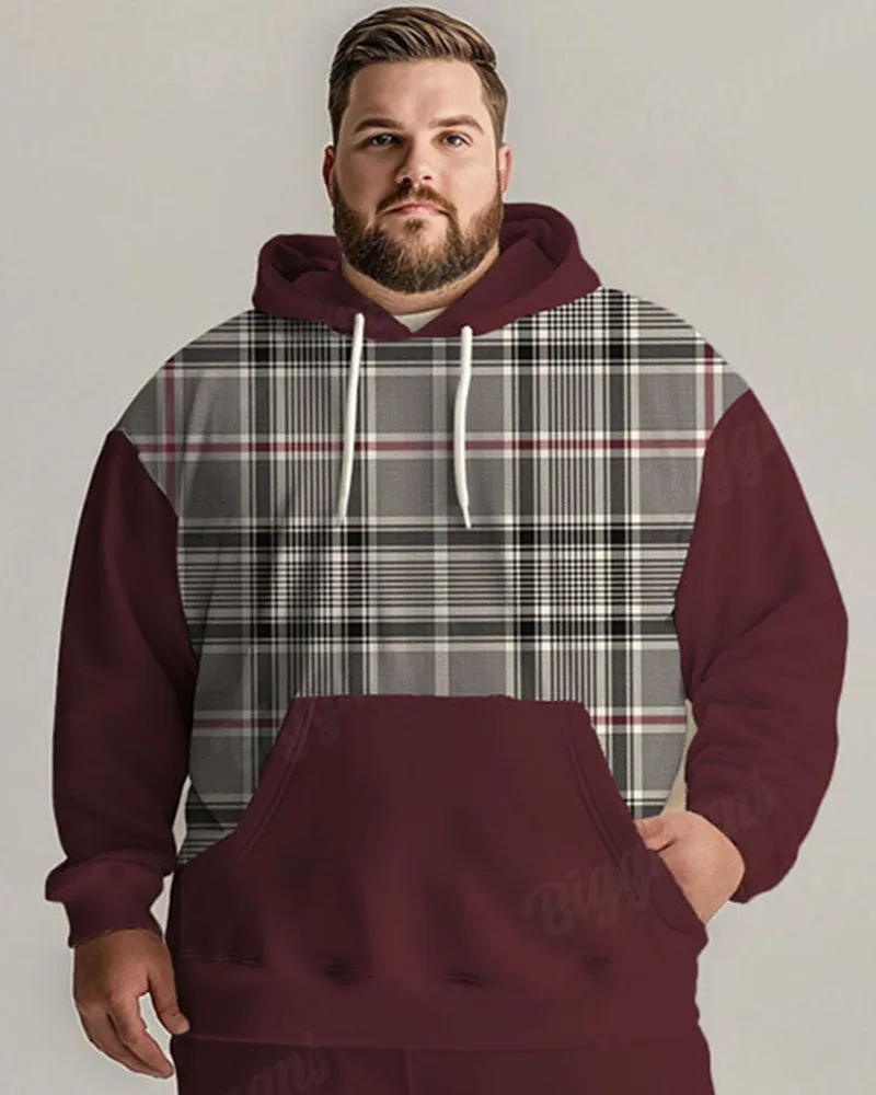Men's Daily Casual Versatile Classic Wine Red Gray Plaid Print Plus Size Hoodie Suit sold by Biggmans product image thumbnail 2