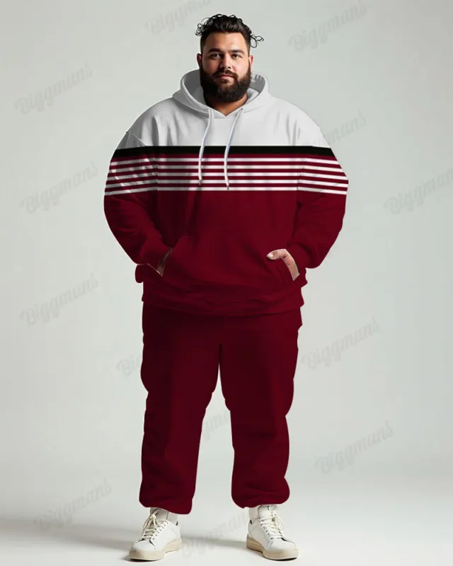 Men's Daily Casual Red Stripe Patchwork Print Big & Tall Hoodie Set sold by Biggmans