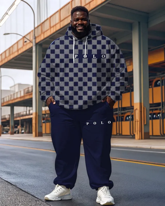 Men's Casual Blue Check Alphabet Print Plus Size Hoodie Suit sold by Biggmans