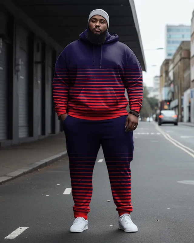 Men's Large Size Horizontal Line Color Block Casual Hoodie And Sweatpants Two-Piece Set sold by Biggmans
