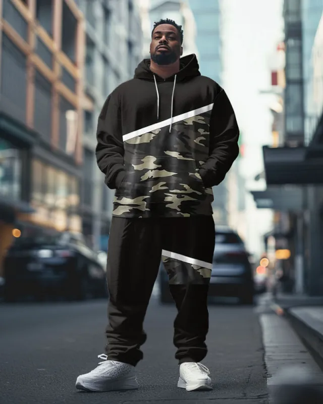 Men's Street Fashion Black Patchwork Camouflage Print Big & Tall Hoodie Set sold by Biggmans