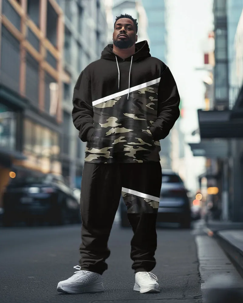 Men's Street Fashion Black Patchwork Camouflage Print Big & Tall Hoodie Set sold by Biggmans