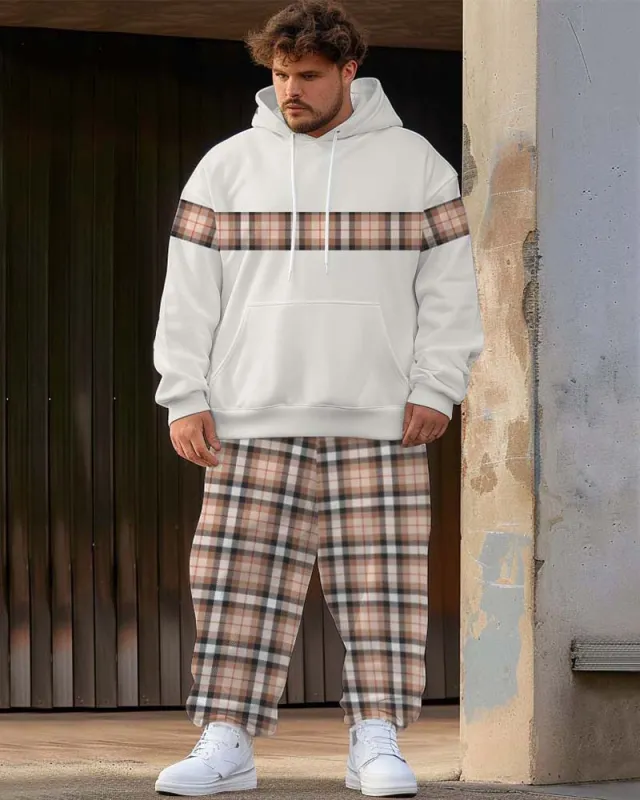 Men's Street Fashion Classic All-match Plaid Stitching Big & Tall Hoodie Set sold by Biggmans