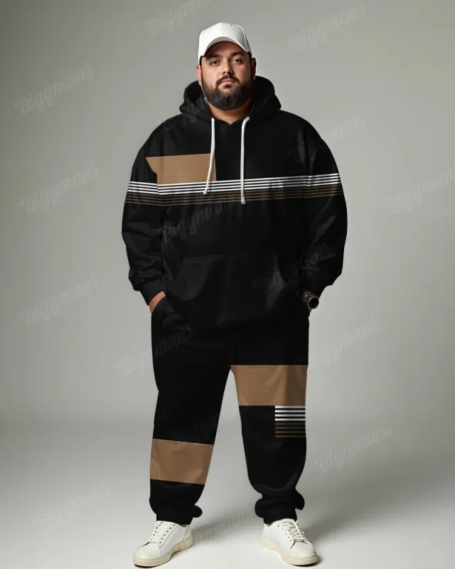 Men's Daily Casual Black Colorblock Stripe Print Big & Tall Hoodie Set sold by Biggmans