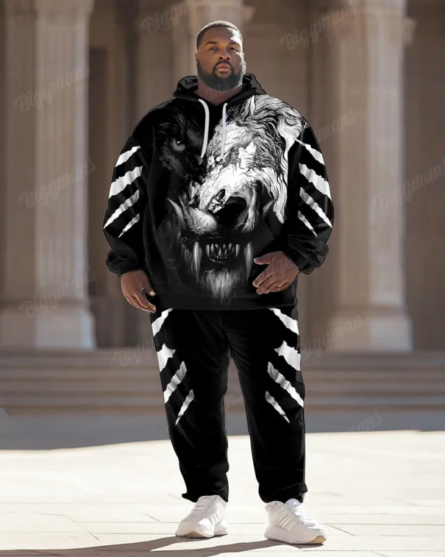 Men’s Street Fashion Graffiti Black And White Wolf Print Big & Tall Hoodie Set sold by Biggmans