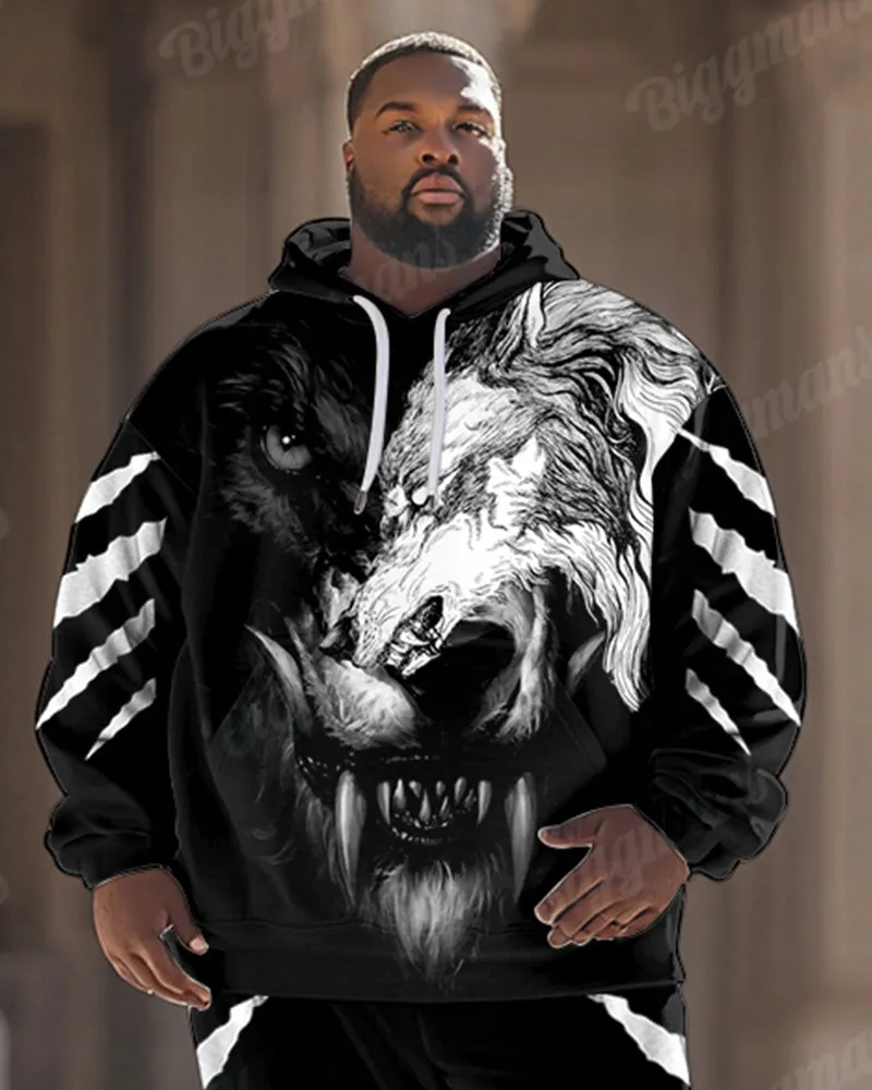 Men’s Street Fashion Graffiti Black And White Wolf Print Big & Tall Hoodie Set sold by Biggmans product image thumbnail 2