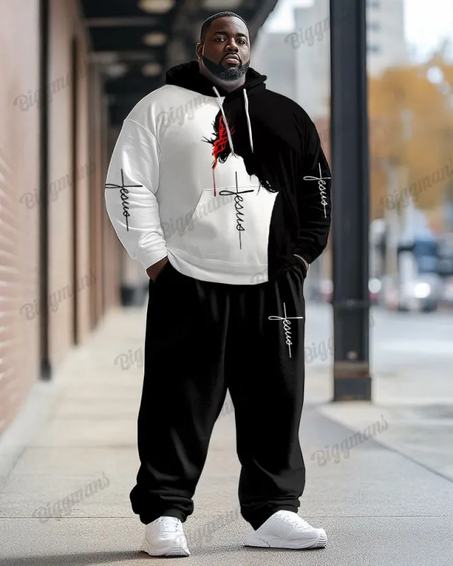Men's Casual Name Of Jesus Cross Colorblock Print Big & Tall Hoodie Set sold by Biggmans