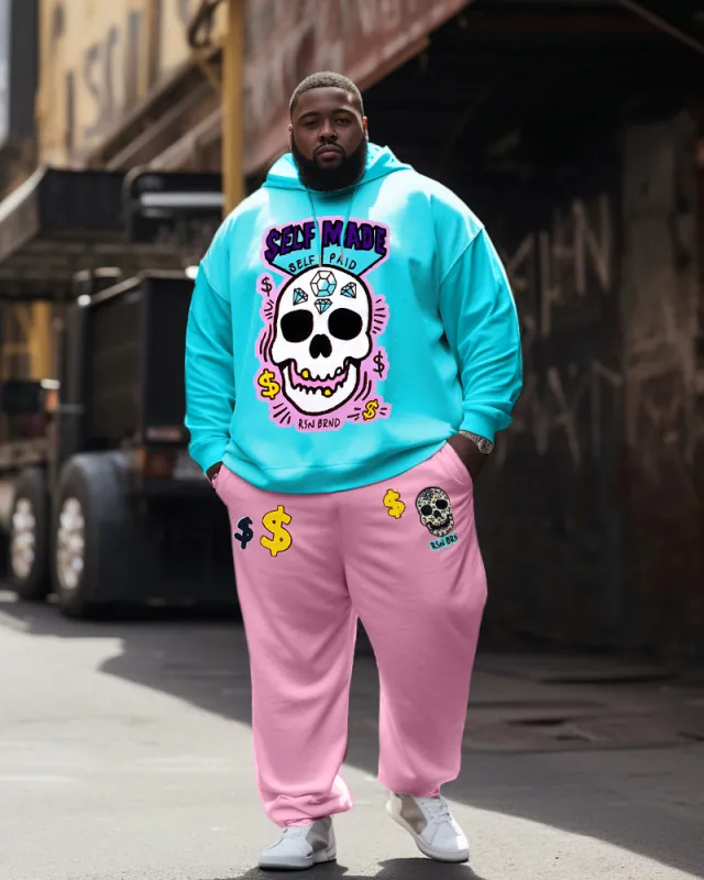 Men's Big and Tall Casual Hip Hop Blue Pink Skull Hoodie Two-Piece Set sold by Biggmans