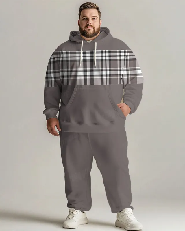 Men's Daily Casual Versatile Classic Grey Plaid Print Big and Tall Hoodie Set sold by Biggmans
