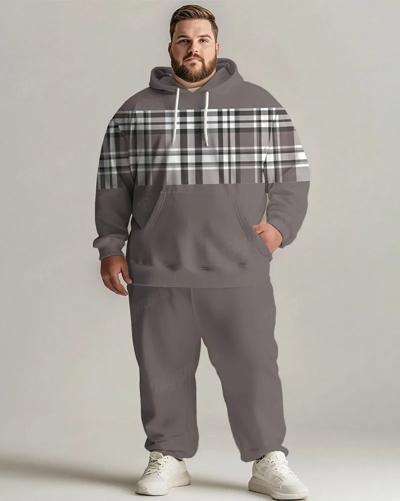 Men's Daily Casual Versatile Classic Grey Plaid Print Big and Tall Hoodie Set sold by Biggmans