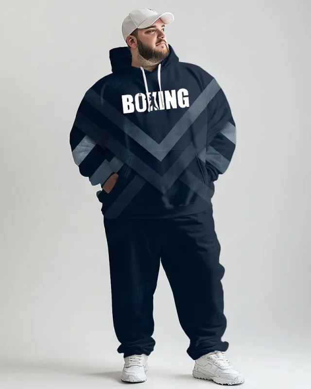Men's Daily Casual Blue Stripe Boxing Letter Print Big and Tall Hoodie Set sold by Biggmans