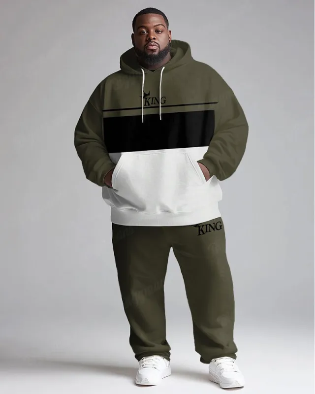 Men's Daily Casual All-Match Black Army Green Color Matching King Alphabet Print Big & Tall Hoodie Set sold by Biggmans