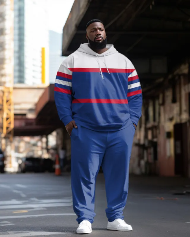 Big Guys Casual Color Block Striped Long Sleeve Hoodie Sports Two Piece Set sold by Biggmans