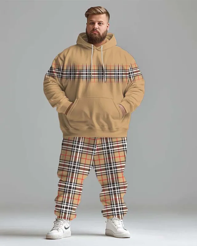 Men's Street Fashion Classic Plaid Spliced Big Hoodie Set sold by Biggmans