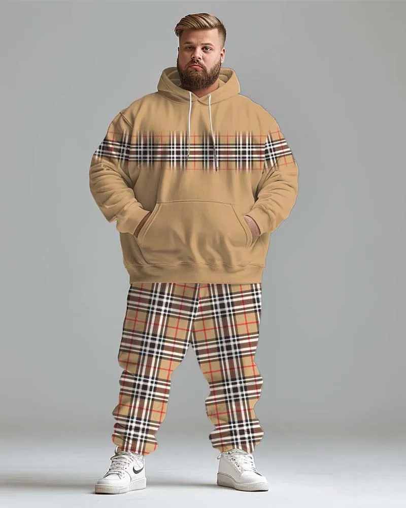 Men's Street Fashion Classic Plaid Spliced Big Hoodie Set sold by Biggmans