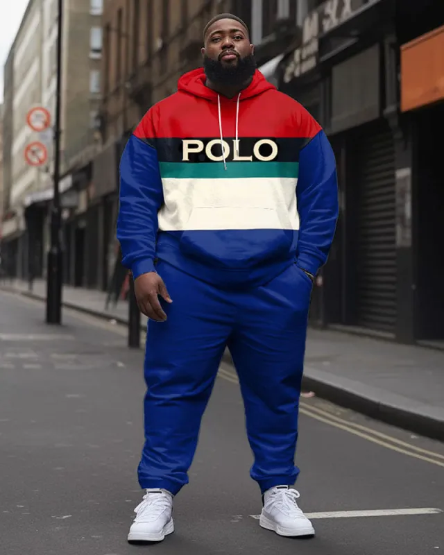 Men's Fashion Stitching POLO Letter Print Big and Tall Hoodie Pants Set sold by Biggmans
