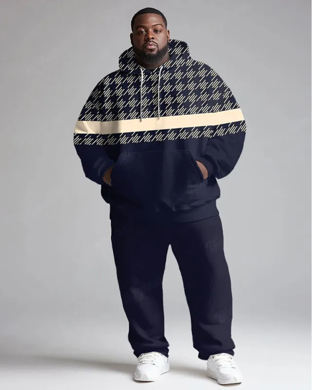 Men's Daily Casual Versatile Purple Striped Geometric Print Big and Tall Hoodie Set sold by Biggmans