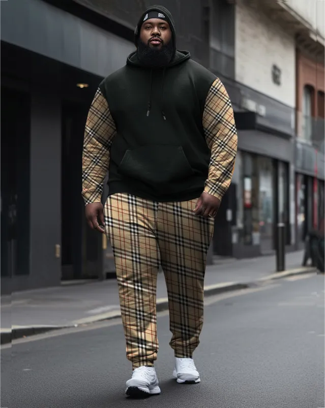 Men's Plus Size Plaid Casual Sports Hoodie Long Sleeve Color Block Two Piece Set sold by Biggmans