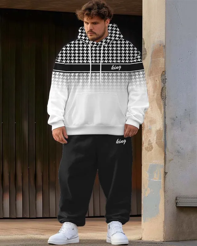 Men's Street Fashion All-match Gradient Houndstooth Stitching Plus Size Hoodie Set sold by Biggmans