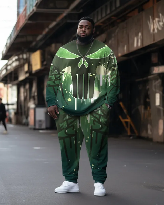 Men's Green Skull Graffiti Large Size Sweatshirt Two Piece Set sold by Biggmans