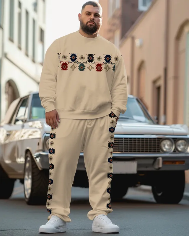 Men's Plus Size Simple Stitching Ethnic Pattern Sweatshirt Two-Piece Set sold by Biggmans