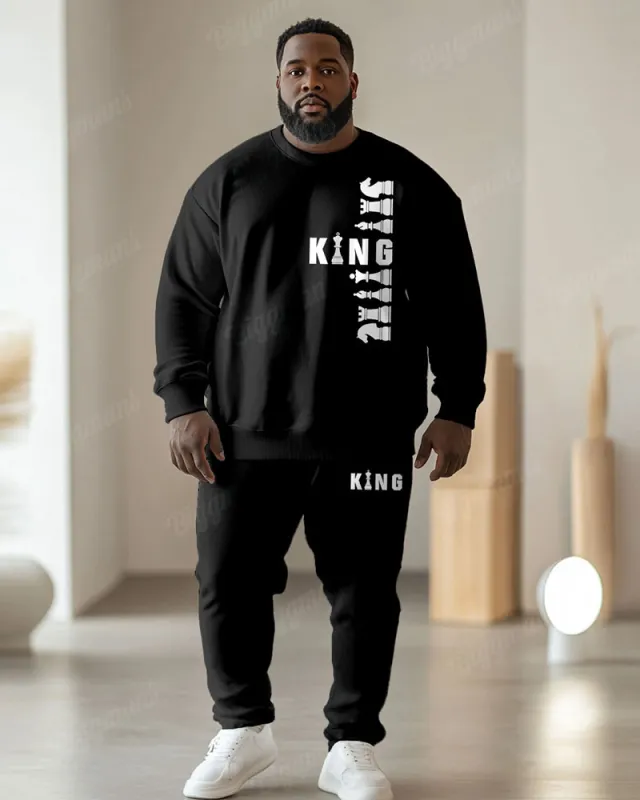 Men's Simple Chess Black King Letter Print Plus Size Round Neck Sweatshirt Suit sold by Biggmans