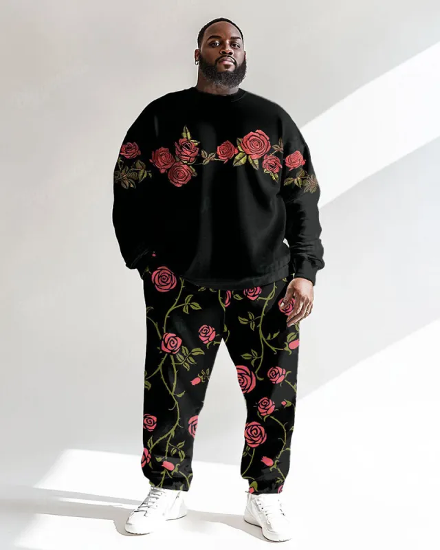 Men's Black Vine Rose Print Plus Size Round Neck Sweatshirt Suit sold by Biggmans