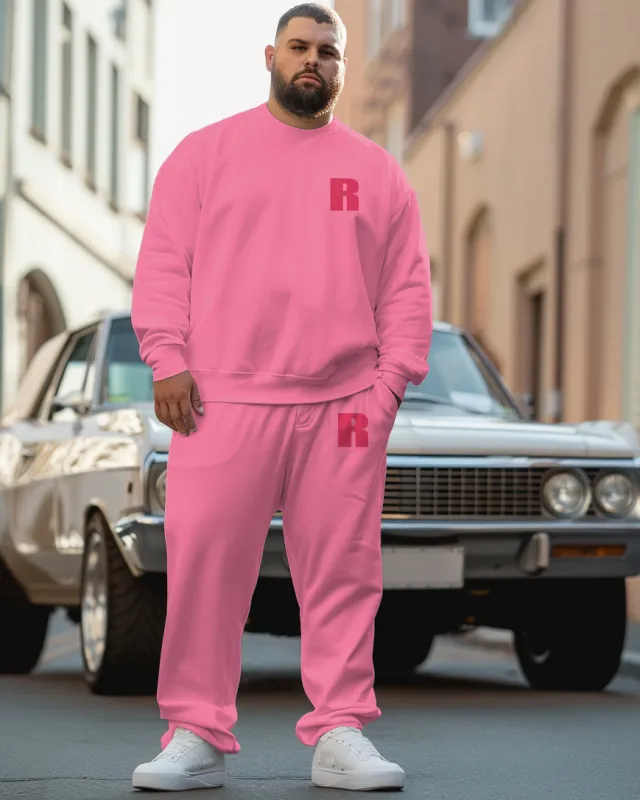 Men's Plus Size Simple All-Match Same Color Pink Sweatshirt Two-Piece Set sold by Biggmans