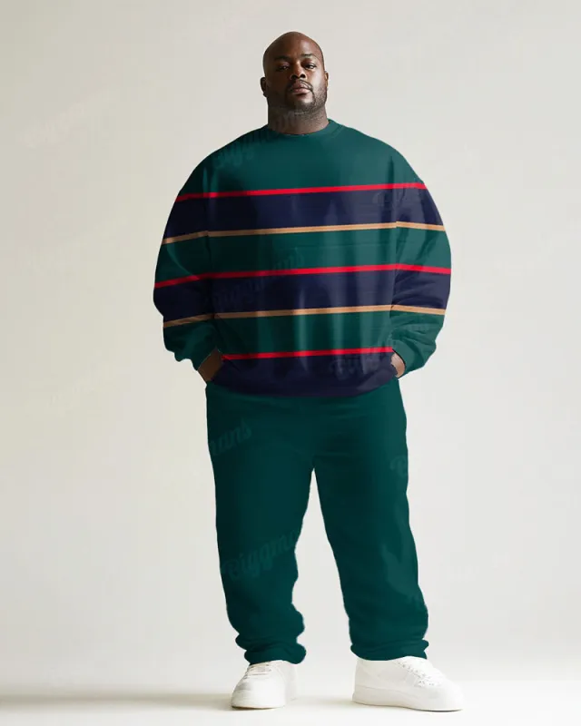 Men's Simple Green Stripe Print Plus Size Round Neck Sweatshirt Suit sold by Biggmans
