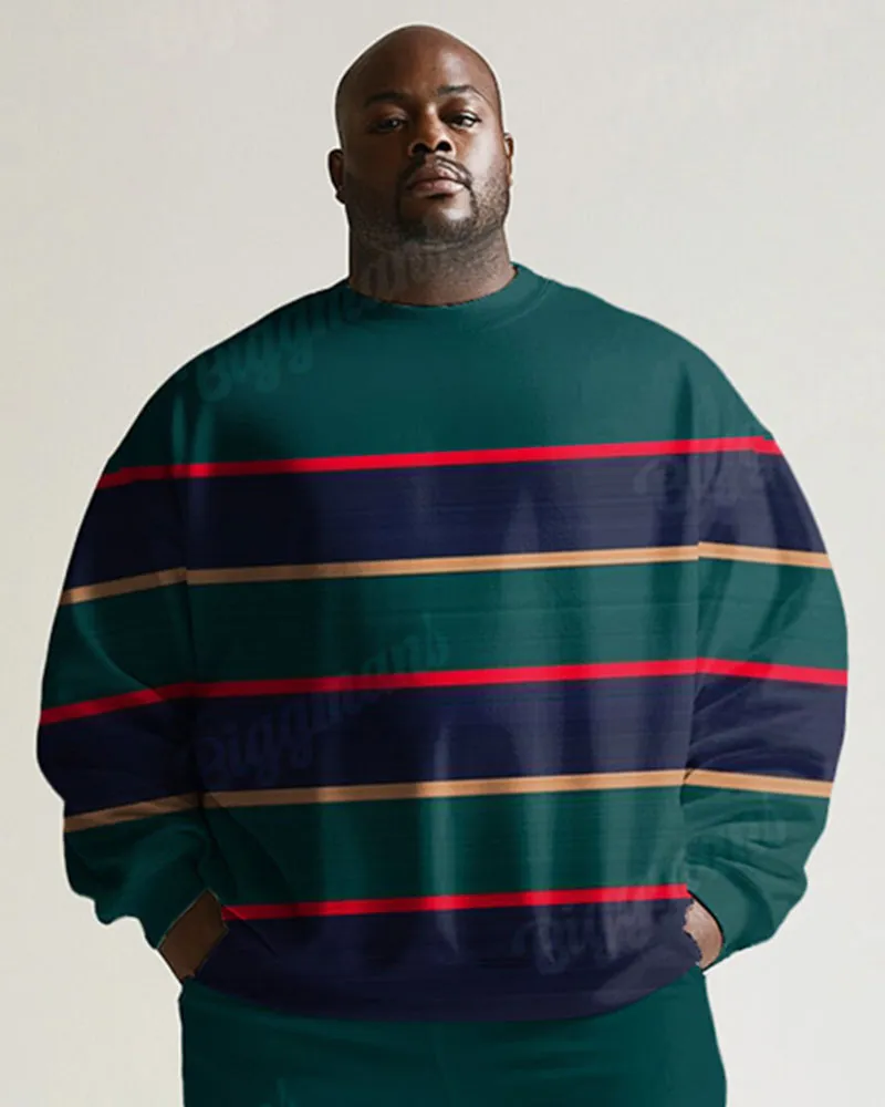 Men's Simple Green Stripe Print Plus Size Round Neck Sweatshirt Suit sold by Biggmans product image thumbnail 2