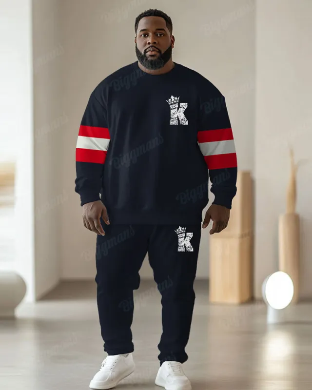 Men's Simple Red Stripe K-letter Print Plus Size Round Collar Sweatshirt Suit sold by Biggmans