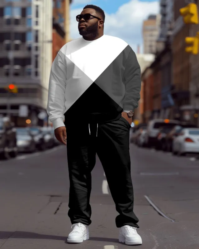 Men's Plus Size Simple All-Match Color Block Patchwork Printed Sweater Two-Piece Set sold by Biggmans