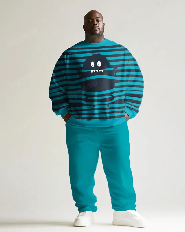 Men's Simple Green Stripe Cartoon Print Plus Size Round Neck Sweatshirt Suit sold by Biggmans