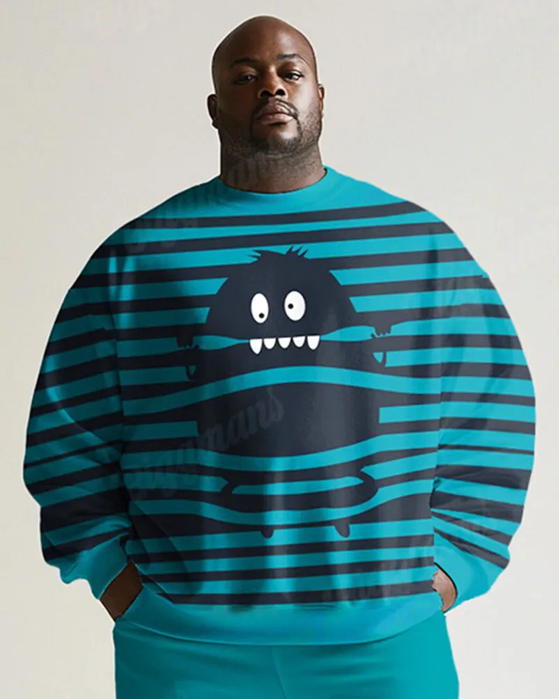 Men's Simple Green Stripe Cartoon Print Plus Size Round Neck Sweatshirt Suit sold by Biggmans product image thumbnail 2